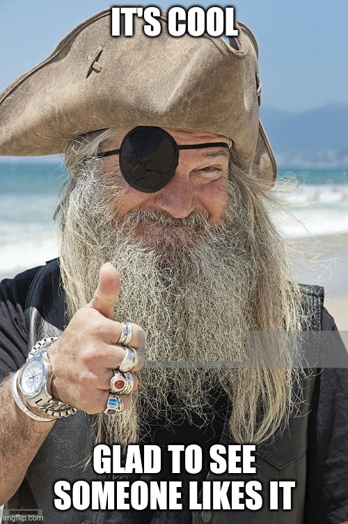 PIRATE THUMBS UP | IT'S COOL GLAD TO SEE SOMEONE LIKES IT | image tagged in pirate thumbs up | made w/ Imgflip meme maker