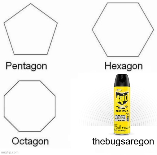 Say goodbye to the last bug. | thebugsaregon | image tagged in memes,pentagon hexagon octagon,insecticide,pun,funny,fun | made w/ Imgflip meme maker