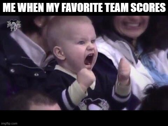 Hockey Goal |  ME WHEN MY FAVORITE TEAM SCORES | image tagged in hockey baby | made w/ Imgflip meme maker