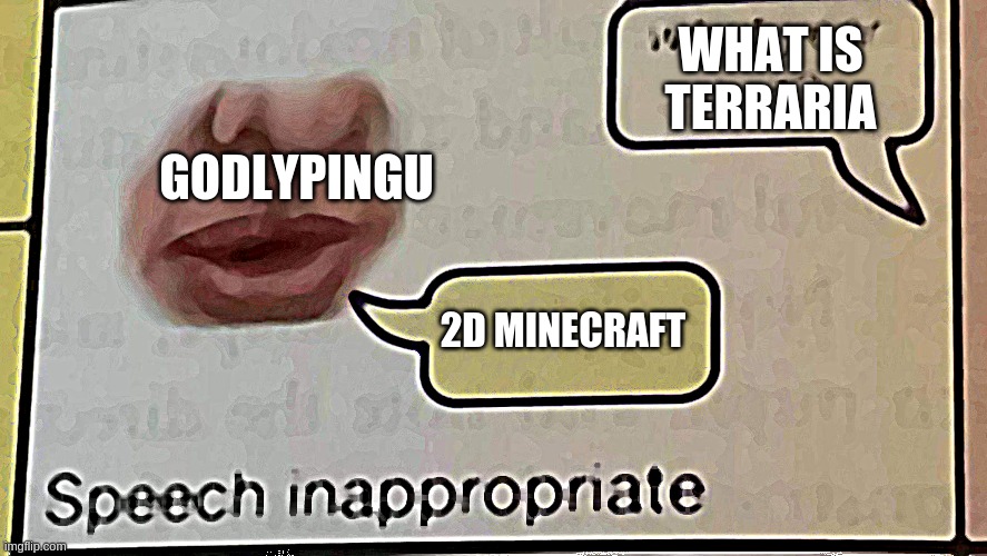 rgrg | WHAT IS TERRARIA; GODLYPINGU; 2D MINECRAFT | image tagged in speech inappropriate | made w/ Imgflip meme maker