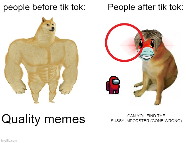 Before and after tik tok | people before tik tok:; People after tik tok:; Quality memes; CAN YOU FIND THE SUSSY IMPORSTER (GONE WRONG) | image tagged in memes,buff doge vs cheems | made w/ Imgflip meme maker