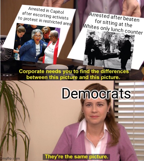 They are desperate to be "oppressed". Fighting showing a photo-ID vs fighting actual Jim Crow Laws and racism | Arrested in Capitol after escorting activists to protest in restricted area; Arrested after beaten for sitting at the Whites only lunch counter; Democrats | image tagged in memes,they're the same picture,democrats,vote,liberal logic | made w/ Imgflip meme maker