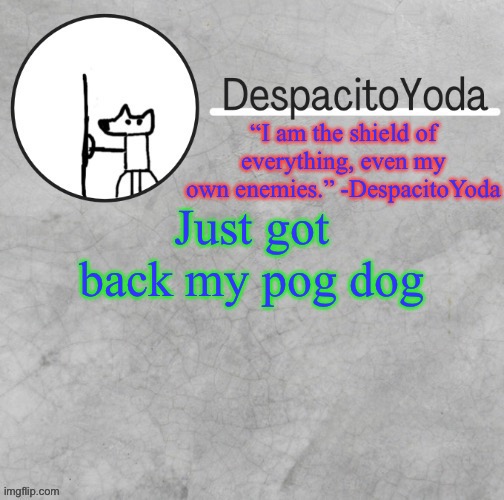 DespacitoYoda’s shield oc temp (Thank Suga :D) | Just got back my pog dog | image tagged in despacitoyoda s shield oc temp thank suga d | made w/ Imgflip meme maker