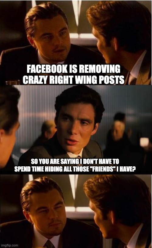 Inception Meme | FACEBOOK IS REMOVING CRAZY RIGHT WING POSTS SO YOU ARE SAYING I DON'T HAVE TO SPEND TIME HIDING ALL THOSE "FRIENDS" I HAVE? | image tagged in memes,inception | made w/ Imgflip meme maker