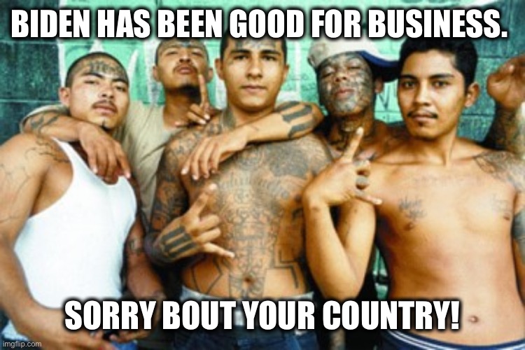 mexican gang members | BIDEN HAS BEEN GOOD FOR BUSINESS. SORRY BOUT YOUR COUNTRY! | image tagged in mexican gang members,biden | made w/ Imgflip meme maker