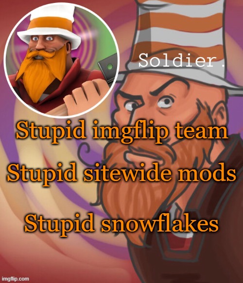 see you like, in 2 hours | Stupid imgflip team; Stupid sitewide mods; Stupid snowflakes | image tagged in soundsmiiith the soldier maaaiin | made w/ Imgflip meme maker