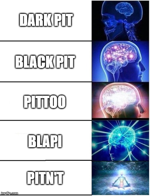 "Hey, it's Pittoo!" | DARK PIT; BLACK PIT; PITTOO; BLAPI; PITN'T | image tagged in expanding brain 5 panel,dark pit,kid icarus,smash | made w/ Imgflip meme maker