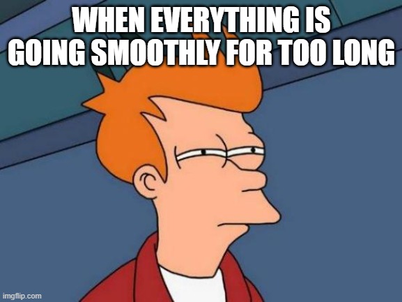 Too good too sus | WHEN EVERYTHING IS GOING SMOOTHLY FOR TOO LONG | image tagged in memes,futurama fry,sus | made w/ Imgflip meme maker