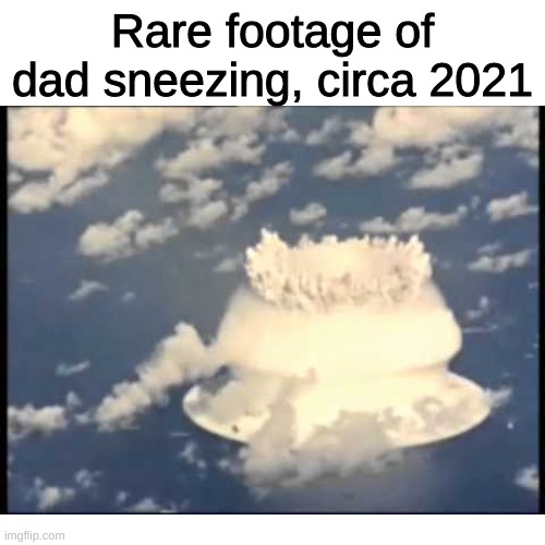 Rare footage of dad sneezing, circa 2021 | image tagged in dad,sneeze,nuclear explosion | made w/ Imgflip meme maker