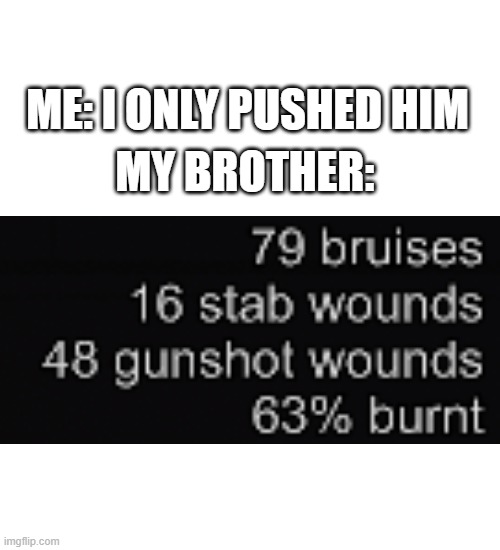 a little push | ME: I ONLY PUSHED HIM; MY BROTHER: | image tagged in memes,blank transparent square | made w/ Imgflip meme maker
