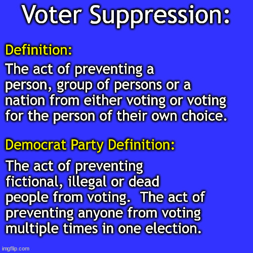 In short the Democrat definition is the act of preventing Democrats from stealing another election. | Voter Suppression:; Definition:; The act of preventing a person, group of persons or a nation from either voting or voting for the person of their own choice. Democrat Party Definition:; The act of preventing fictional, illegal or dead people from voting.  The act of preventing anyone from voting multiple times in one election. | image tagged in voter suppression,voter fraud,stolen election,democrats | made w/ Imgflip meme maker