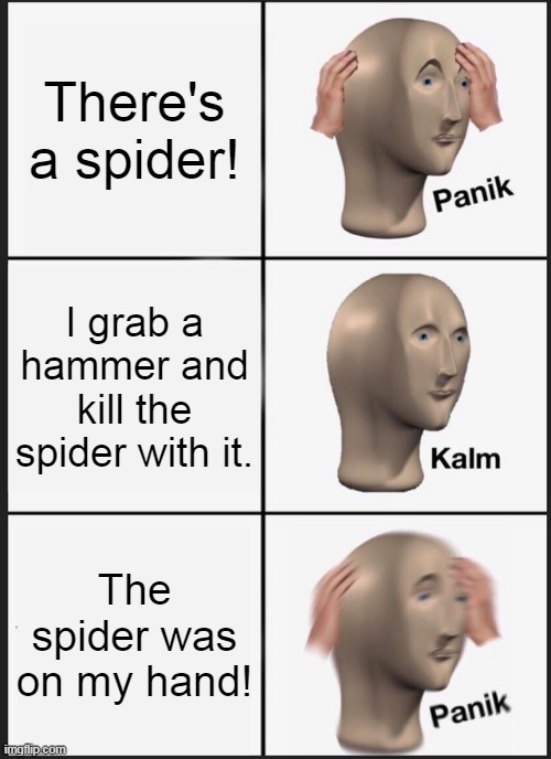 Panik Kalm Panik Meme | There's a spider! I grab a hammer and kill the spider with it. The spider was on my hand! | image tagged in memes,panik kalm panik,spider,killing,meme man,dark humor | made w/ Imgflip meme maker