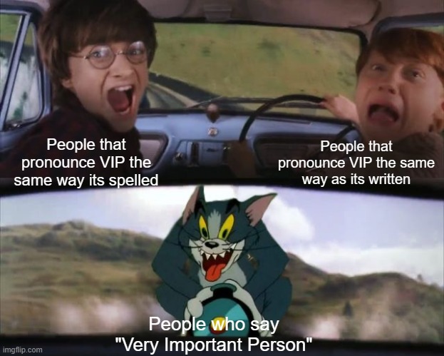 very important person |  People that pronounce VIP the same way as its written; People that pronounce VIP the same way its spelled; People who say "Very Important Person" | image tagged in tom chasing harry and ron weasly,pronouciation,vip | made w/ Imgflip meme maker