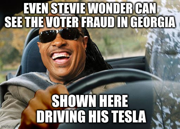 EVEN STEVIE WONDER CAN SEE THE VOTER FRAUD IN GEORGIA SHOWN HERE
 DRIVING HIS TESLA | made w/ Imgflip meme maker
