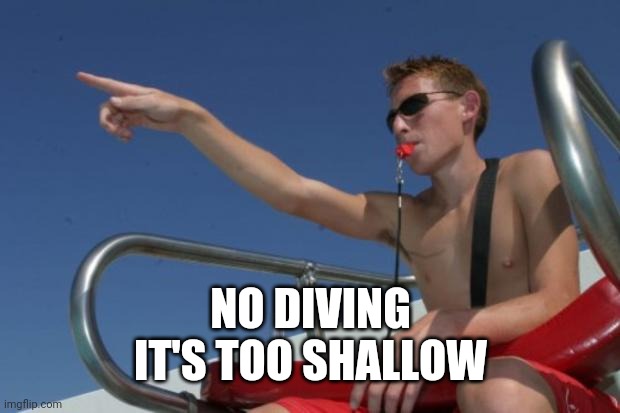Life guard | NO DIVING
IT'S TOO SHALLOW | image tagged in life guard | made w/ Imgflip meme maker