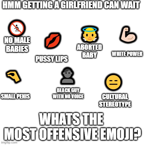 Blank Transparent Square Meme | HMM GETTING A GIRLFRIEND CAN WAIT; 💪🏻; 🚷; 👼; 💋; NO MALE BABIES; ABORTED BABY; WHITE POWER; PUSSY LIPS; 👤; 🤏; 😑; BLACK GUY WITH NO VOICE; SMALL PENIS; CULTURAL STEREOTYPE; WHATS THE 
MOST OFFENSIVE EMOJI? | image tagged in memes,blank transparent square | made w/ Imgflip meme maker