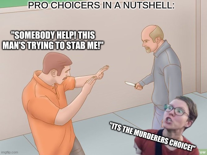 Pro Choicers In A Nut Shell | PRO CHOICERS IN A NUTSHELL:; "SOMEBODY HELP! THIS MAN'S TRYING TO STAB ME!"; "ITS THE MURDERERS CHOICE!" | image tagged in crazy stabbing,conservatives,liberal logic,politics,pro choice,abortion | made w/ Imgflip meme maker