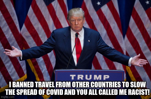 Donald Trump | I BANNED TRAVEL FROM OTHER COUNTRIES TO SLOW THE SPREAD OF COVID AND YOU ALL CALLED ME RACIST! | image tagged in donald trump | made w/ Imgflip meme maker