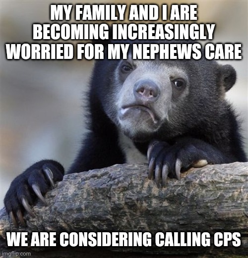 Confession Bear Meme | MY FAMILY AND I ARE BECOMING INCREASINGLY WORRIED FOR MY NEPHEWS CARE; WE ARE CONSIDERING CALLING CPS | image tagged in memes,confession bear | made w/ Imgflip meme maker