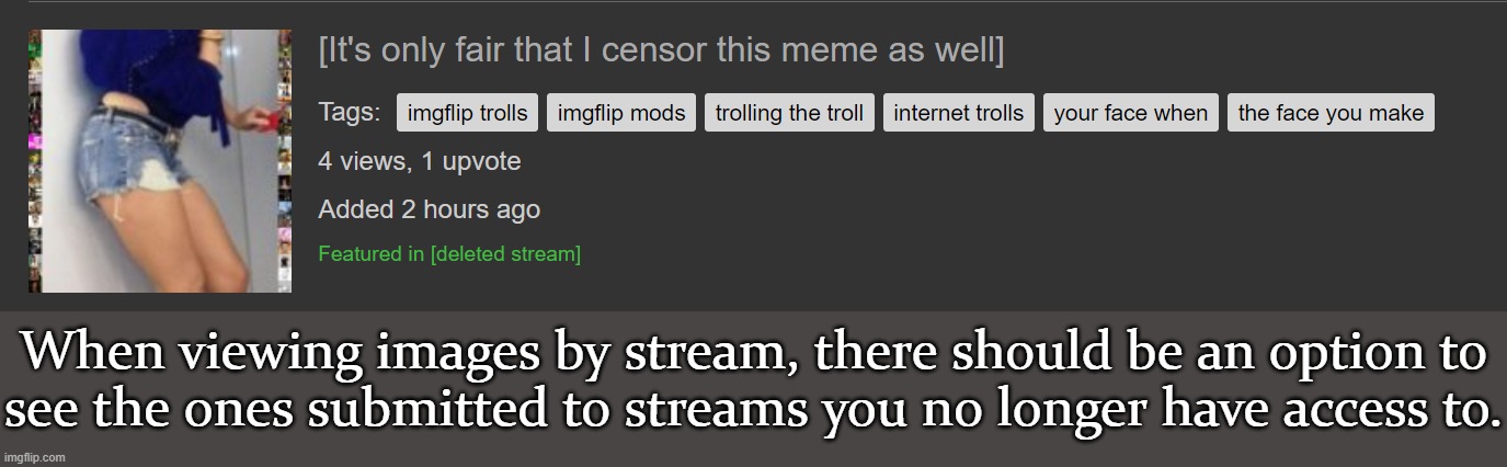 Whether the stream is gone, or you just stopped following. | When viewing images by stream, there should be an option to
see the ones submitted to streams you no longer have access to. | image tagged in featured in deleted stream,imgflip meme,images | made w/ Imgflip meme maker