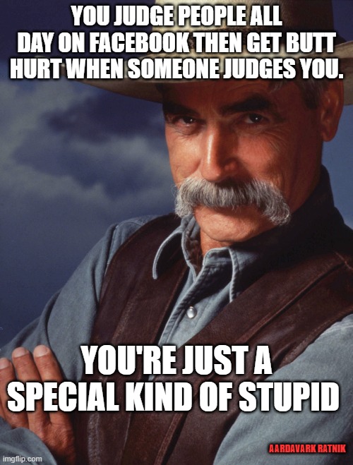Sam The judge | YOU JUDGE PEOPLE ALL DAY ON FACEBOOK THEN GET BUTT HURT WHEN SOMEONE JUDGES YOU. YOU'RE JUST A SPECIAL KIND OF STUPID; AARDAVARK RATNIK | image tagged in funny memes,sam elliott special kind of stupid,politics | made w/ Imgflip meme maker