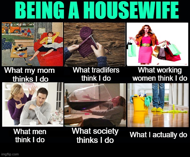 Being a Housewife: What I Do | BEING A HOUSEWIFE; What working women think I do; What my mom 
thinks I do; What tradlifers think I do; What I actually do; What society thinks I do; What men think I do | image tagged in what people think i do blank template,housewife,humor,housework,so true memes,marriage | made w/ Imgflip meme maker
