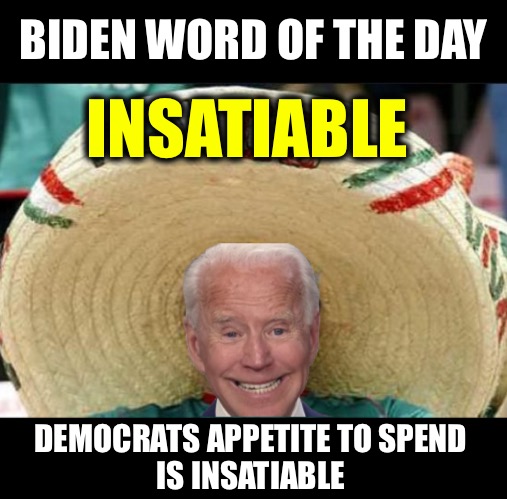 Biden Word of the Day | BIDEN WORD OF THE DAY DEMOCRATS APPETITE TO SPEND 
IS INSATIABLE INSATIABLE | image tagged in biden word of the day | made w/ Imgflip meme maker