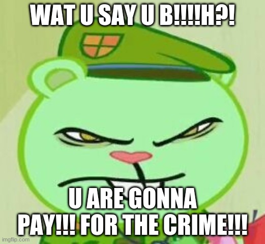 Flippy is Angry | WAT U SAY U B!!!!H?! U ARE GONNA PAY!!! FOR THE CRIME!!! | image tagged in just divorced | made w/ Imgflip meme maker