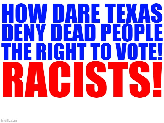 Democrats are so f***king stupid. | HOW DARE TEXAS; DENY DEAD PEOPLE; THE RIGHT TO VOTE! RACISTS! | image tagged in democrats,voting,texas,memes | made w/ Imgflip meme maker