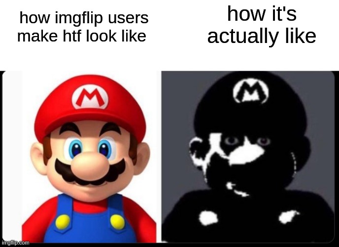 how it's actually like; how imgflip users make htf look like | image tagged in blank white template,mario and cursed mario | made w/ Imgflip meme maker