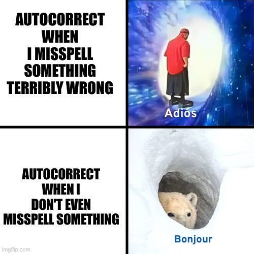 Anyone can relate? | AUTOCORRECT WHEN I MISSPELL SOMETHING TERRIBLY WRONG; AUTOCORRECT WHEN I DON'T EVEN MISSPELL SOMETHING | image tagged in adios bonjour,autocorrect,polar bear,atuo corect stinks | made w/ Imgflip meme maker