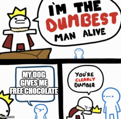 Dumbest man alive | MY DOG GIVES ME FREE CHOCOLATE | image tagged in dumbest man alive | made w/ Imgflip meme maker