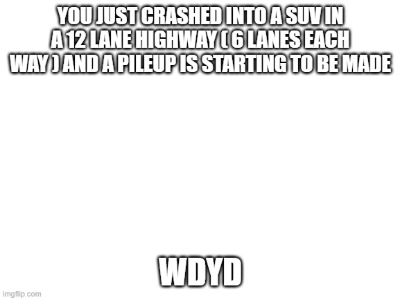 Pileup RP | YOU JUST CRASHED INTO A SUV IN A 12 LANE HIGHWAY ( 6 LANES EACH WAY ) AND A PILEUP IS STARTING TO BE MADE; WDYD | image tagged in blank white template | made w/ Imgflip meme maker