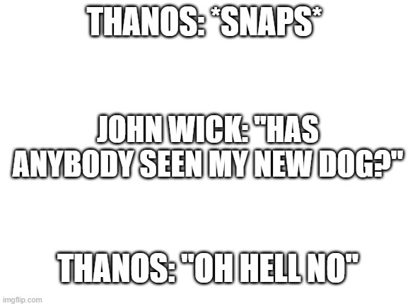 Blank White Template | THANOS: *SNAPS*; JOHN WICK: "HAS ANYBODY SEEN MY NEW DOG?"; THANOS: "OH HELL NO" | image tagged in blank white template | made w/ Imgflip meme maker
