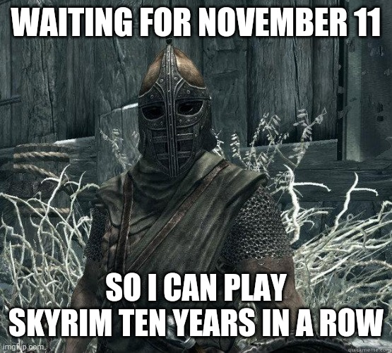 SkyrimGuard | WAITING FOR NOVEMBER 11 SO I CAN PLAY SKYRIM TEN YEARS IN A ROW | image tagged in skyrimguard | made w/ Imgflip meme maker
