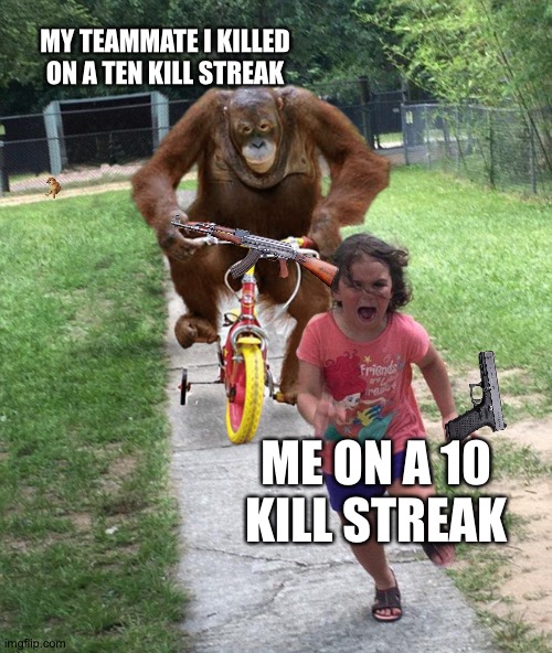 This is HC btw. Mostly for cod fans... | MY TEAMMATE I KILLED ON A TEN KILL STREAK; ME ON A 10 KILL STREAK | image tagged in orangutan chasing girl on a tricycle,cod,hardcore,monke,why are you reading this,battlefield | made w/ Imgflip meme maker