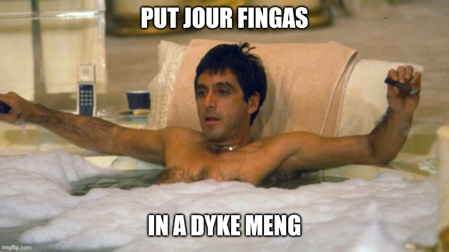 Scarface | PUT JOUR FINGAS; IN A DYKE MENG | image tagged in scarface | made w/ Imgflip meme maker