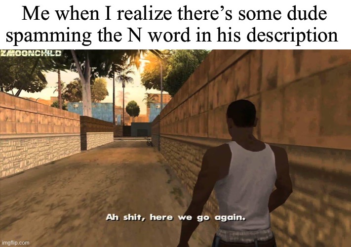 Same energy as yesterday, Ya dig? | Me when I realize there’s some dude spamming the N word in his description | image tagged in here we go again | made w/ Imgflip meme maker