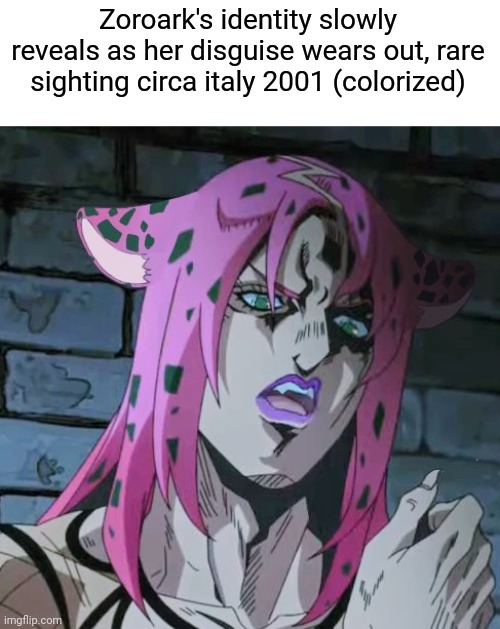 Zoroark | Zoroark's identity slowly reveals as her disguise wears out, rare sighting circa italy 2001 (colorized) | image tagged in diavolo | made w/ Imgflip meme maker