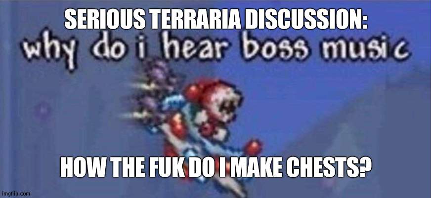 I have to steal gold ones from caves | SERIOUS TERRARIA DISCUSSION:; HOW THE FUK DO I MAKE CHESTS? | image tagged in why do i hear boss music | made w/ Imgflip meme maker