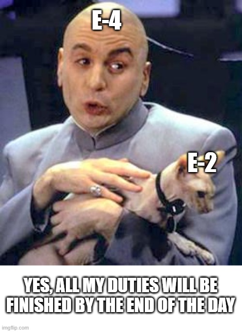 E-4 Mafia | E-4; E-2; YES, ALL MY DUTIES WILL BE FINISHED BY THE END OF THE DAY | image tagged in dr evil cat | made w/ Imgflip meme maker