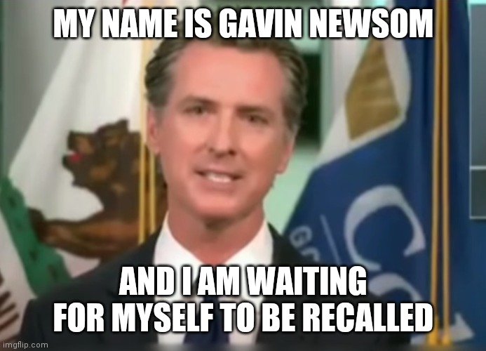 Gavin Newsom Dictator | MY NAME IS GAVIN NEWSOM; AND I AM WAITING FOR MYSELF TO BE RECALLED | image tagged in gavin newsom dictator | made w/ Imgflip meme maker