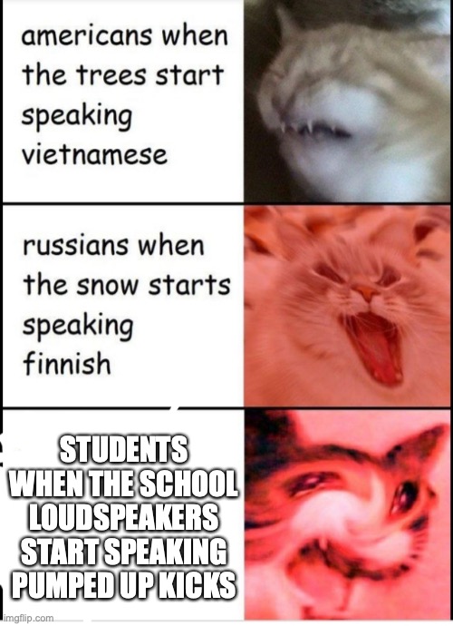 Guess I'll Die | STUDENTS WHEN THE SCHOOL LOUDSPEAKERS START SPEAKING PUMPED UP KICKS | image tagged in screaming cats | made w/ Imgflip meme maker