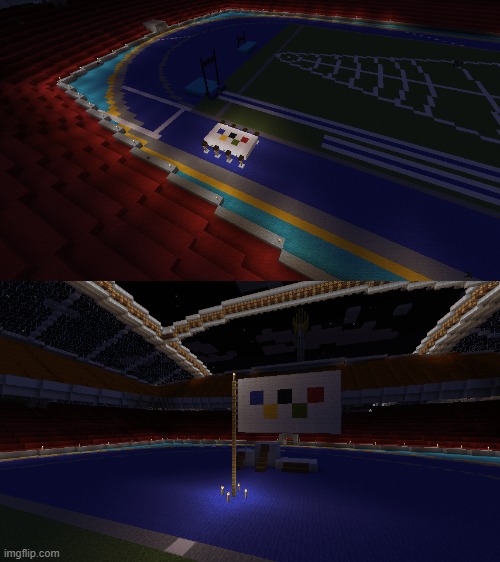 Minecraft Olympics part 1.75: The Olympic flag is raised inside Minecraftia Stadium | made w/ Imgflip meme maker