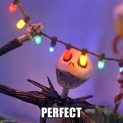 Perfect | PERFECT | image tagged in jack skellington christmas lights,jack skellington | made w/ Imgflip meme maker