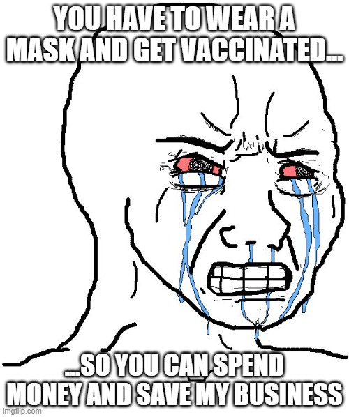 Crying npc | YOU HAVE TO WEAR A MASK AND GET VACCINATED... ...SO YOU CAN SPEND MONEY AND SAVE MY BUSINESS | image tagged in crying npc | made w/ Imgflip meme maker