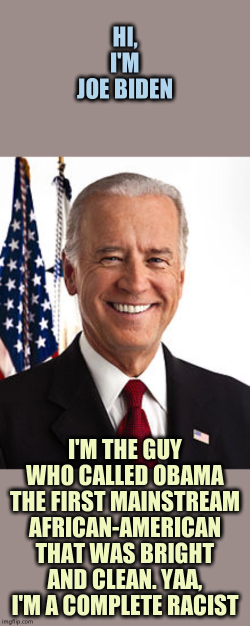 He always was a racist and he will always be. No way his kids are living in a racial jungle! #ProudRacist | HI, I'M JOE BIDEN; I'M THE GUY WHO CALLED OBAMA THE FIRST MAINSTREAM AFRICAN-AMERICAN THAT WAS BRIGHT AND CLEAN. YAA, I'M A COMPLETE RACIST | image tagged in memes,joe biden | made w/ Imgflip meme maker