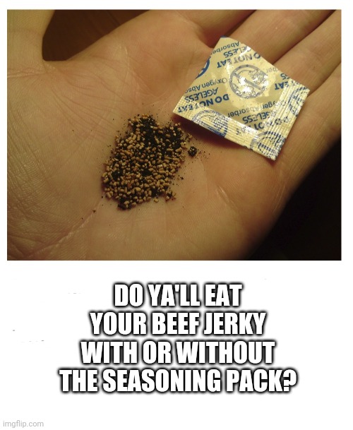 Seasoning is where it's at | DO YA'LL EAT YOUR BEEF JERKY WITH OR WITHOUT THE SEASONING PACK? | image tagged in beef | made w/ Imgflip meme maker