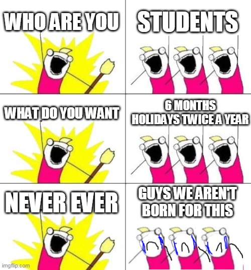 the mind of all students | WHO ARE YOU; STUDENTS; 6 MONTHS HOLIDAYS TWICE A YEAR; WHAT DO YOU WANT; NEVER EVER; GUYS WE AREN'T BORN FOR THIS | image tagged in memes,what do we want 3 | made w/ Imgflip meme maker