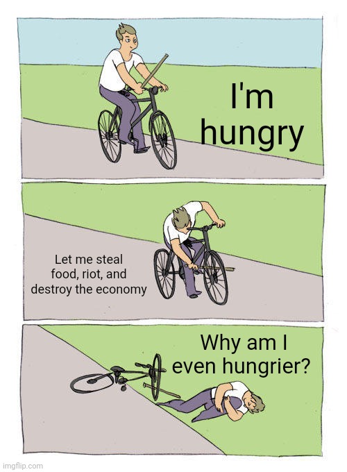 Logic of some South Africans | I'm hungry; Let me steal food, riot, and destroy the economy; Why am I even hungrier? | image tagged in memes,bike fall,riots,bicycle,hunger,starvation | made w/ Imgflip meme maker